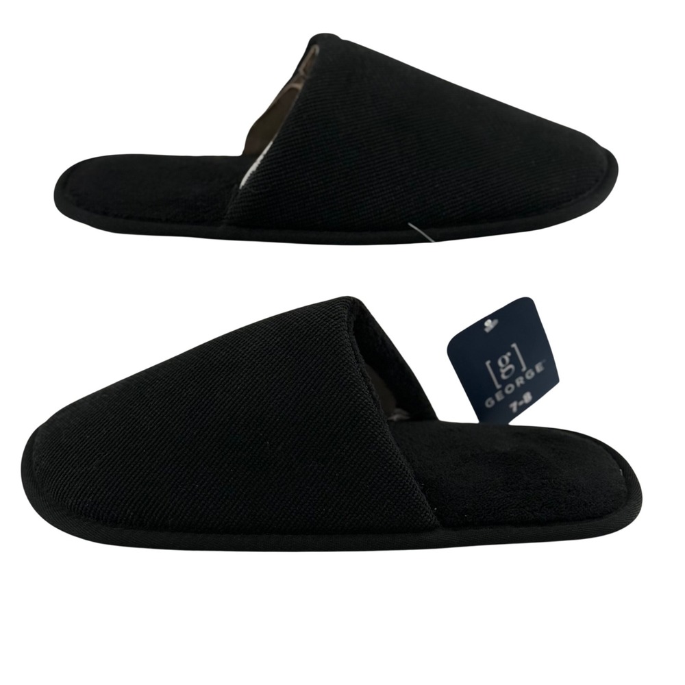 NEW George Mens 7-8 Slippers Black Scuff Textured House Shoes Cozy Loungewear